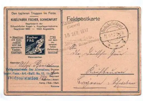 Reklame Ak Kugelfabrik Fischer Schweinfurt Feldpost 1917 FAR 18 hl Michael