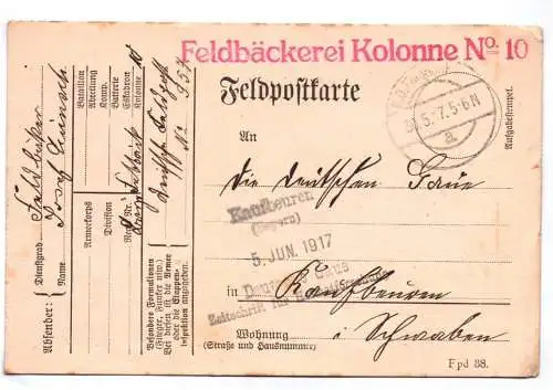 Feldpostkarte Feldbäckerei Kolonne No 10 Kaufbeuren 1917