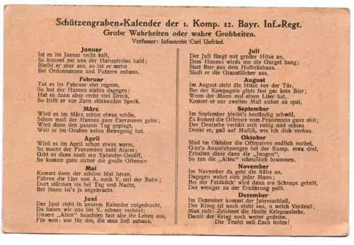 Feldpost Ak Schützengraber Kalender 12 Bayern Infanterie Regiment 1 Wk