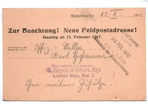 Feldpost Karte Zudruck Beachtung neue Feldpostadresse 1917