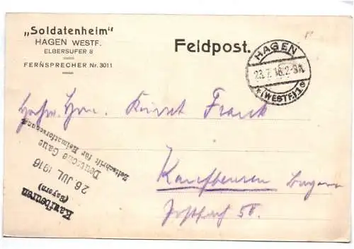 Soldatenheim Hagen Westfalen Feldpost Karte 1918