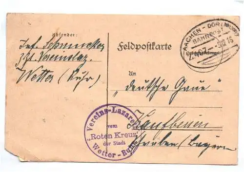 Feldpostkarte  Stempel Vereins Lazarett des Roten Kreuz der Stadt Wetter Ruhr