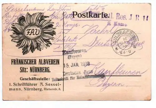 Postkarte Fränkischer Alpenverein Nürnberg 1918 Feldpost