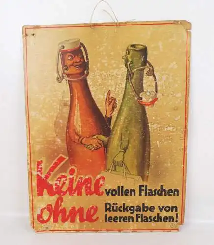 Altes Reklame Pappschild Keine vollen Flaschen ohne Rückgabe Getränkehandel DDR