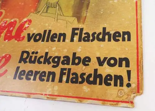 Altes Reklame Pappschild Keine vollen Flaschen ohne Rückgabe Getränkehandel DDR