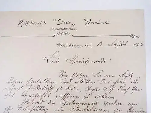 Dokument Radfahrer Verein Silesia Warmbrunn 1906 Schlesien Polen