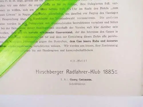 Dokument Hirschberger Radfahrer Klub 1885 Anschreiben Hirschberg Schlesien 1907