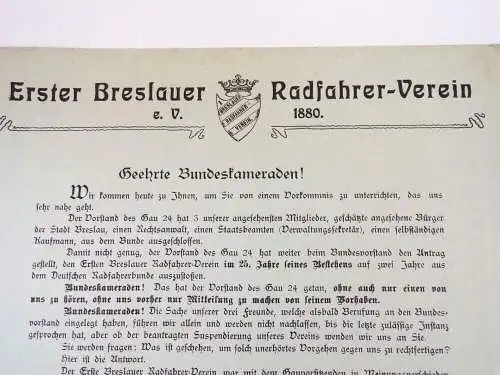 Altes Dokument Erster Breslauer Radfahrer Verein Fahrrad Breslau Schlesien Wrocl