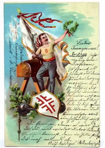 Litho Ak Turnerschaft Sportler Athlet Bock Gewicht Fahne Flagge um 1910