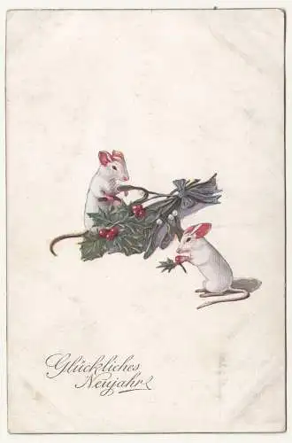 Neujahr Ak mit weissen Ratten ! und Mistelzweig 1917 ! (A2758