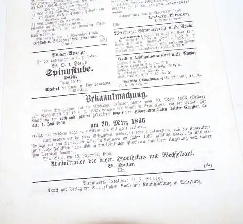 6 x Amts und Anzeige Blatt Gerolzhofen Volkach und Würzburg 1865 Zeitung