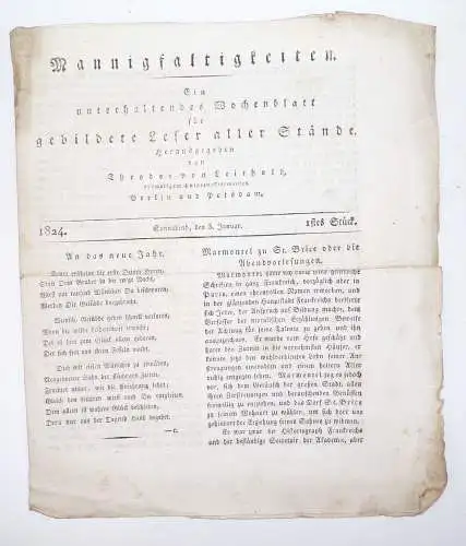 Mannigfaltigkeiten Wochenblatt gebildete Leser Nummer 1 von 1824 Berlin Potsdamm