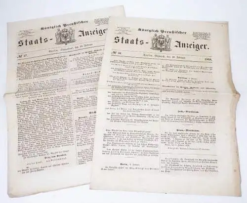 Königlich Preußischer Staats Anzeiger Berlin Zeitung 1858 Nr 34 u 37