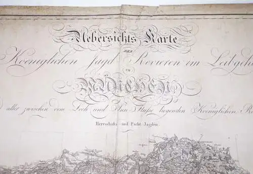 Übersichtskarte kgl Jagd Reviere im Leibgehege Münsingen Bayern um 1840 Karte