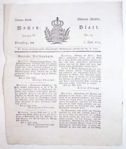 Wochen Blatt Donau Kreis Oberamt Waldsee 1836 Nr 45 und 47 Zeitung