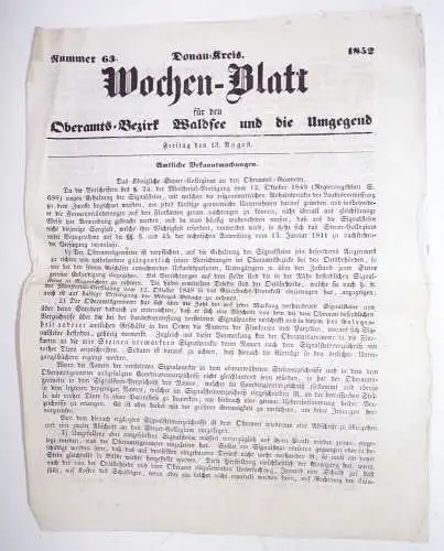 Alte Zeitung Wochen Blatt Donau Kreis Oberamt Waldsee 1846 1852 