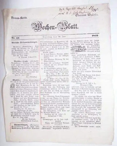 Alte Zeitung Wochen Blatt Donau Kreis Oberamt Waldsee 1846 1852 
