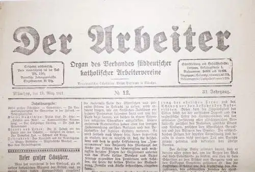 Alte Zeitung Der Arbeiter süddeutscher katholischer Arbeiterverein 12 von 1921