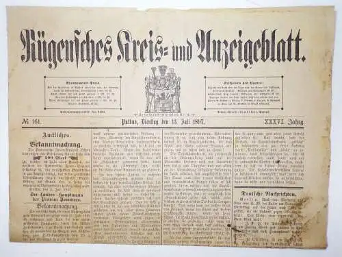 Rügensches Kreis - und Anzeigeblatt Nr 161 Rügen Putbus 1897 Zeitung