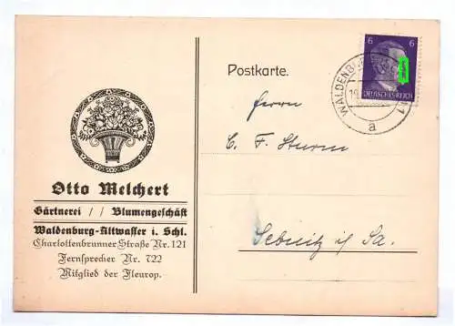 Postkarte Waldenburg Altwasser Schlesien Melchert Gärtnerei Blumen 1942