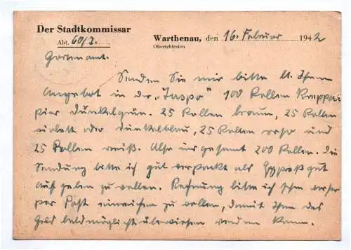 Postkarte Stadtkommissar Warthenau Ober Schlesien 1942 Zawiercie