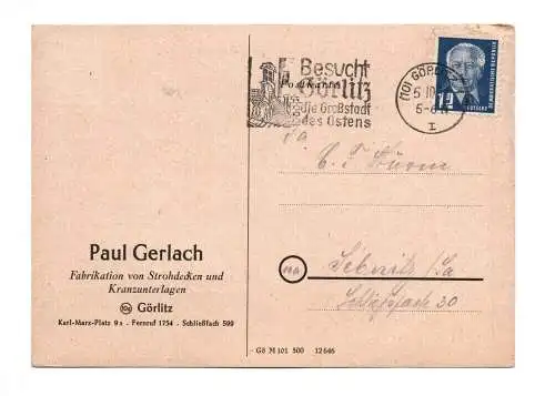 Postkarte Fabrikation Strohdecken und Kranzunterlagen Görlitz 1951