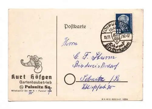 Postkarte Gartenbaubetrieb Pulsnitz Sachsen 1952