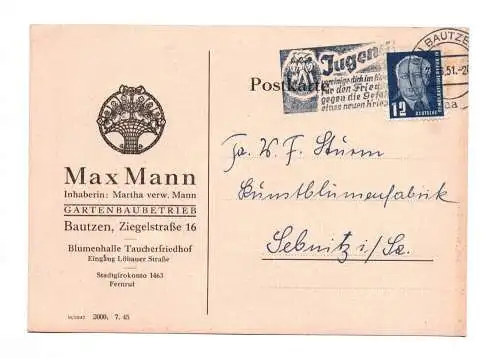 Postkarte Gartenbaubetrieb Bautzen Blumenhalle Taucherfriedhof 1951