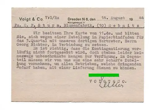 Postkarte Voigt Compagnie Dresden 1944