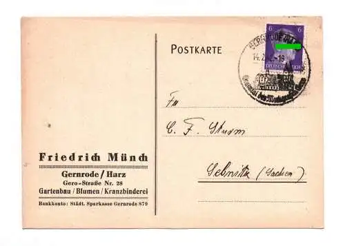 Postkarte Gartenbau Blumen Kranzbinderei 1942 Münch Gernrode Harz