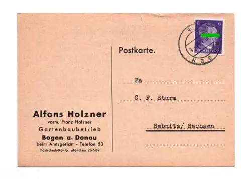 Postkarte Gartenbaubetrieb Bogen an der Donau 1942