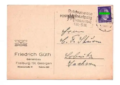 Postkarte Gartenbau Freiburg St Georgen 1942