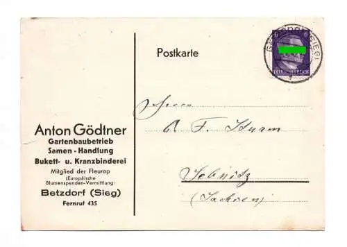 Postkarte Gartenbaubetrieb Samen Handlung Betzdorf Sieg 1942