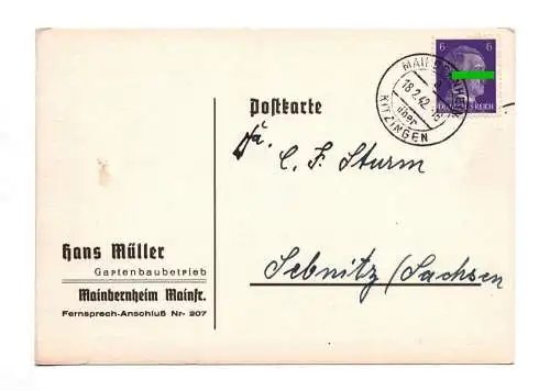 Postkarte Gartenbaubetrieb Mainbernheim 1942