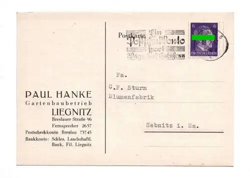 Postkarte Gartenbaubetrieb Liegnitz 1942