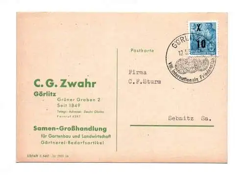 Postkarte Samen Großhandlung für Gartenbau Landwirtschaft 1955 Zwahr Görlitz