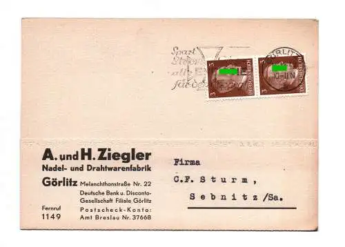 Postkarte Nadel Drahtwarenfabrik Görlitz 1942