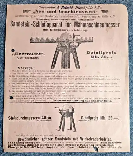 Offermann & Petzold Hirschfelde Sandstein Schleifapparat alter Prospekt original