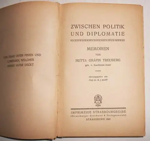 Zwischen Politik und Diplomatie Memoiren von Hetta Gräfin Treuberg 1921 RAR