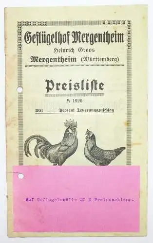 Preisliste Geflügel Hof Mergentheim 1920 Ställe Mühle Geflügelzucht Zubehör