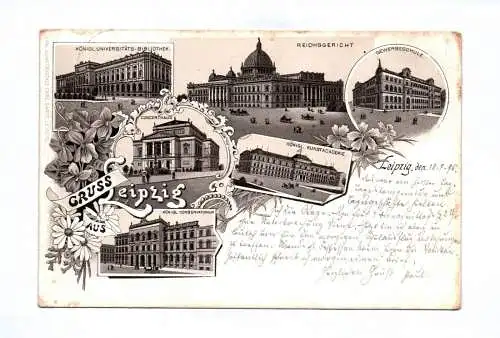 Ak Litho Gruss aus Leipzig 1895 Reichsgericht Gewerbeschule Kunstacademie