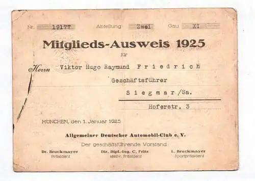 ADAC Mitgliedsausweis 1925 Siegmar Sachsen