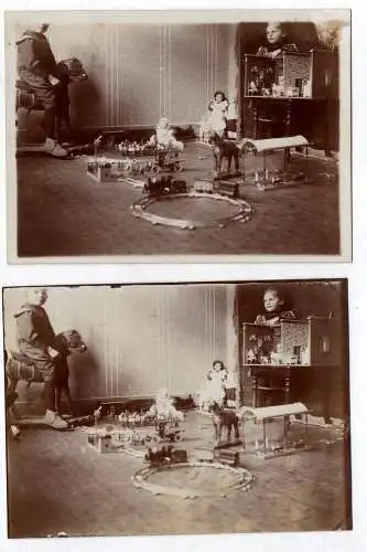 3 x Foto Kinder mit Spielzeug Eisenbahn Puppenstube um 1900