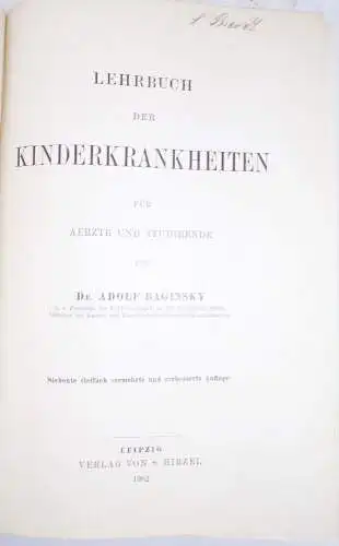 Adolf Baginsky Lehrbuch der Kinderkrankheiten 1902 Medizin Buch