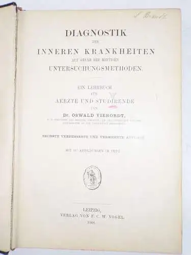 Diagnostik der inneren Krankheiten 1901 Dr Oswald Vierordt Buch