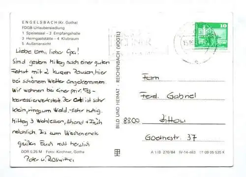 DDR Ak FDGB Urlaubersiedlung Engelsbach 1984