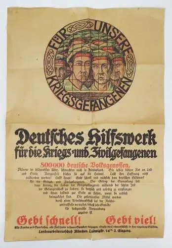 Plakat 1 Weltkrieg Deutsches Hilfswerk für Kriegsgefangene Original 1 Wk Poster