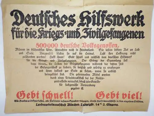 Plakat 1 Weltkrieg Deutsches Hilfswerk für Kriegsgefangene Original 1 Wk Poster