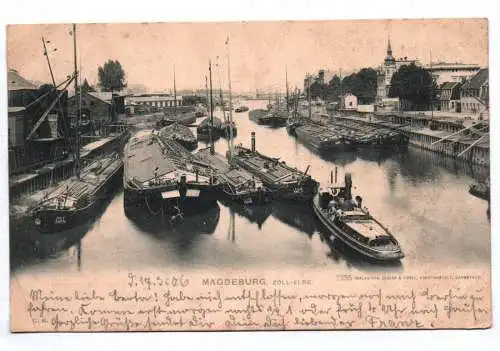 Litho Ak Magdeburg Zoll Elbe Boote Frachter Schiffe 1906