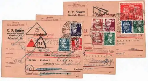 3 x Nachnahme Sturm Sebnitz 1951 Stempel Mischfrankatur Köpfe